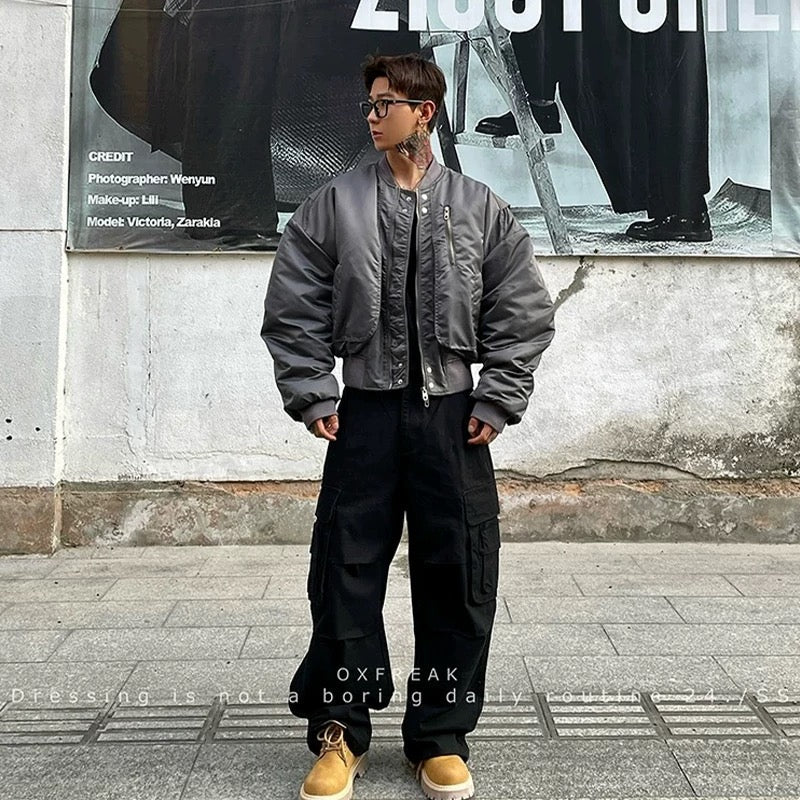 Men’s Cropped Bomber Puffer Jacket – American High Street Short Cotton Outerwear   FE0025