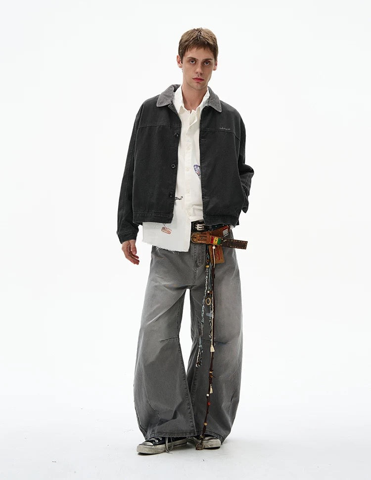 Men’s Color-Block Workwear Jacket – American Retro Contrast Collar Utility Outerwear  FE0005