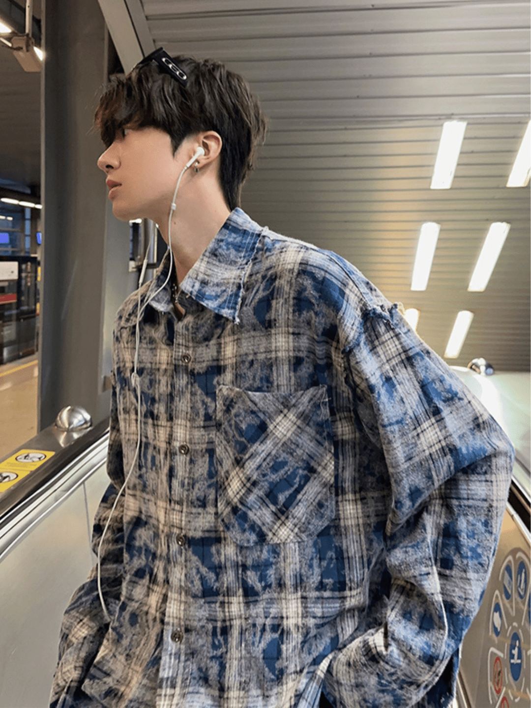 [JM HOMME] distressed raw edge plaid shirt  FE0549