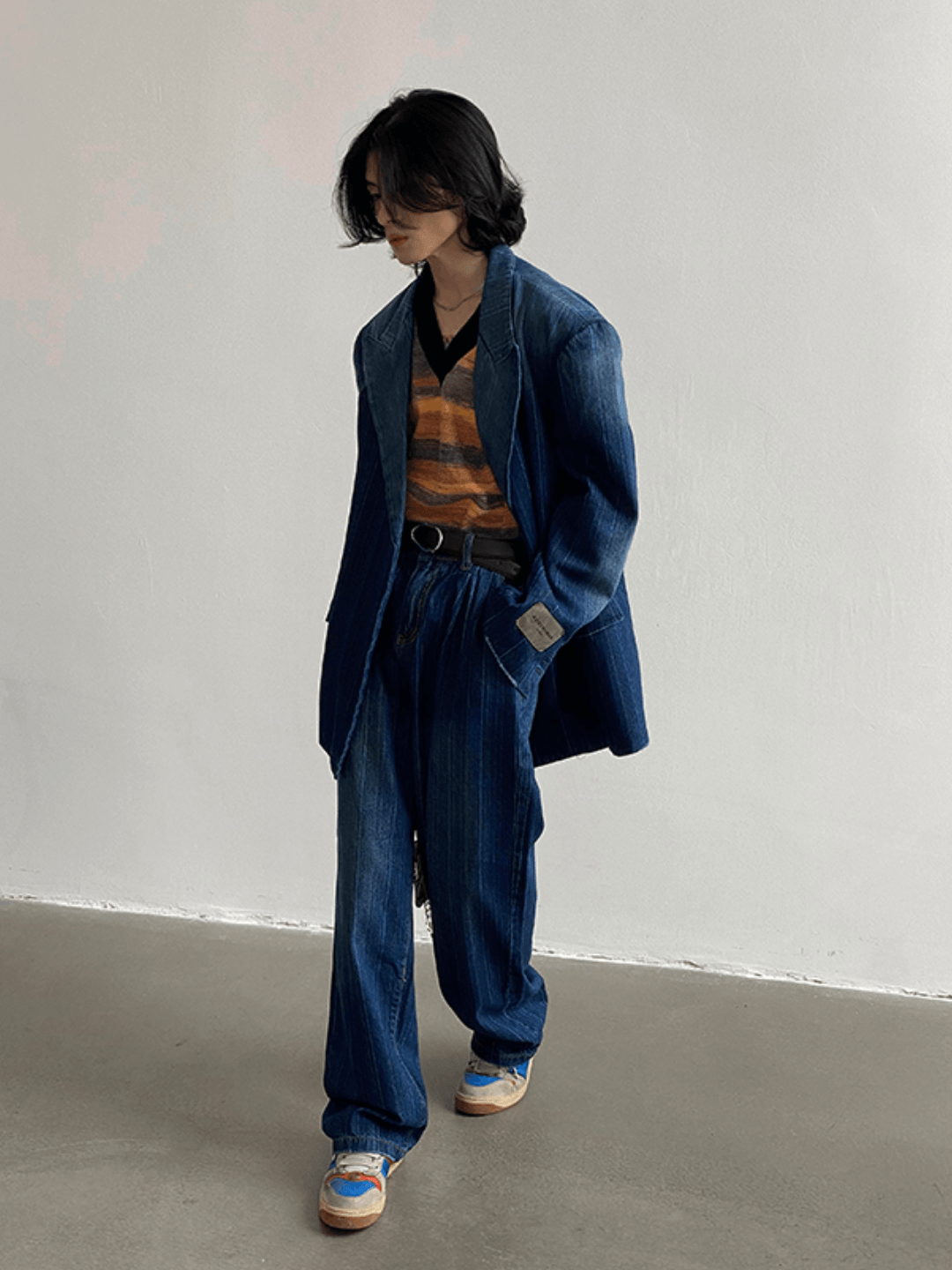 [GENESISBOY] Washed striped loose denim suit  FE0609