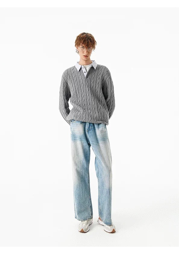 Patchwork Layered Cable Knit Sweater – Faux Two-Piece Vintage Knitwear   FE0066