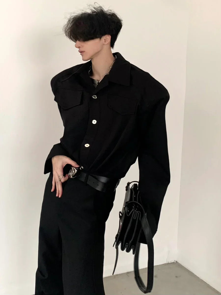 [AUTUMNWIND] BLACK SHOULDER PADS METAL PUNK SHIRT  FE0479