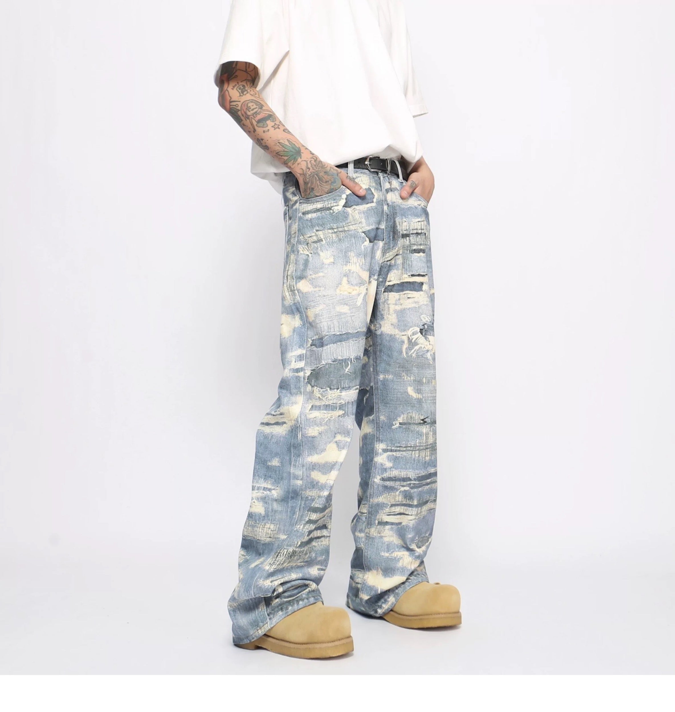 Men’s Distressed Printed Jeans – Vintage Washed Ripped Denim Pants FE0029