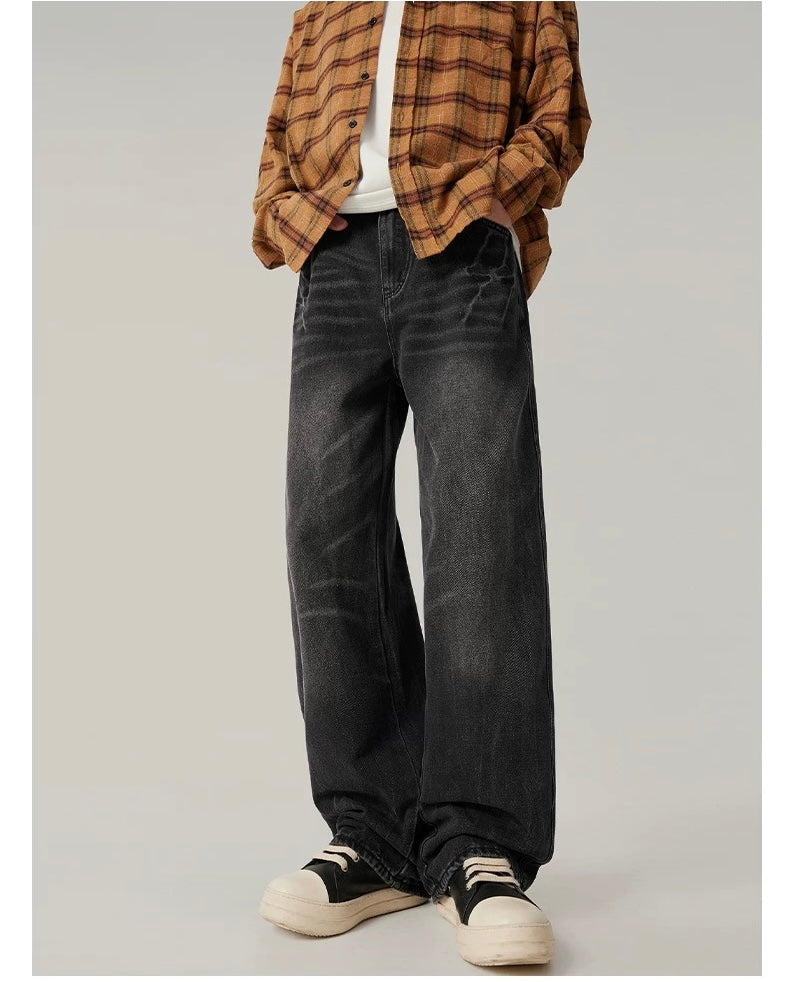 Men’s Vintage Washed Wide-Leg Jeans – American Retro Streetwear Denim   FE0037