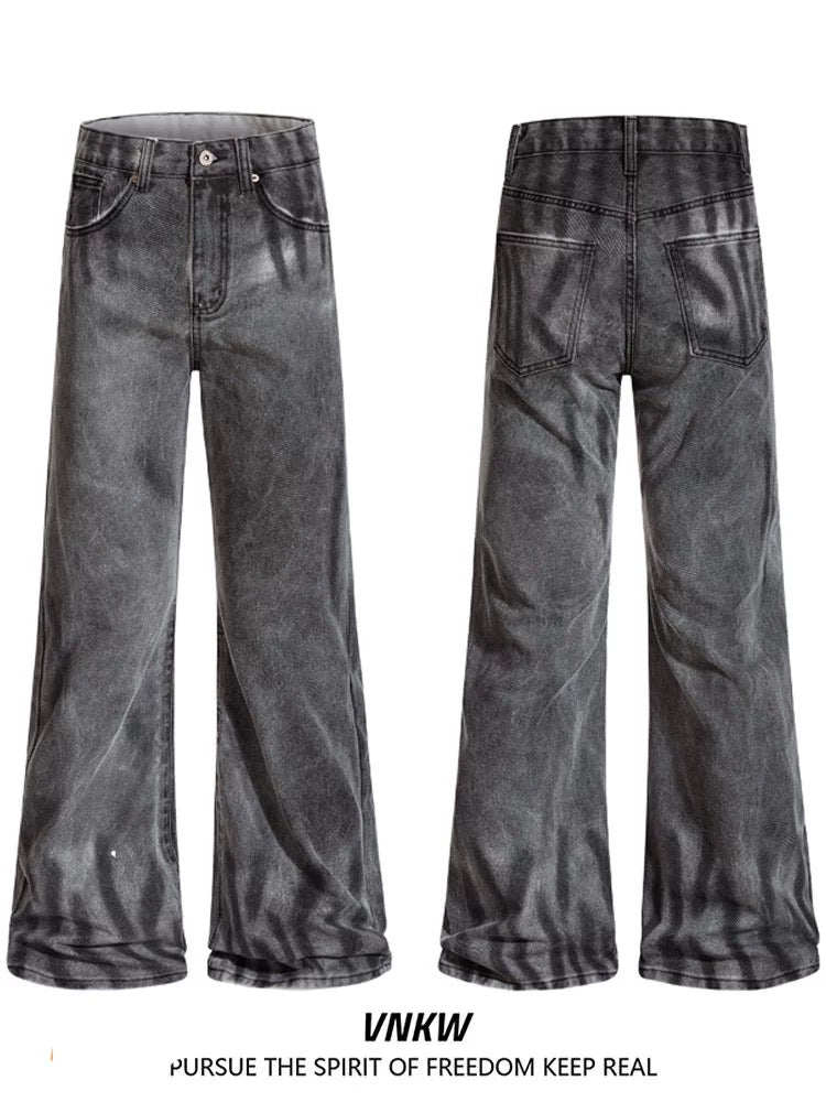 Men’s Smoke Washed Vintage Jeans – Distressed American Street Denim Pants   FE0311