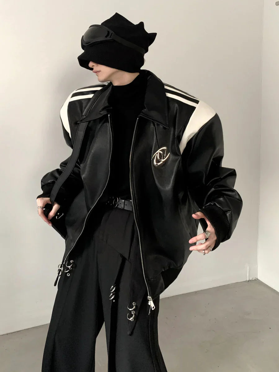 [AUTUMNWIND] BLACK COTTON THICKENED LEATHER JACKET FE0451