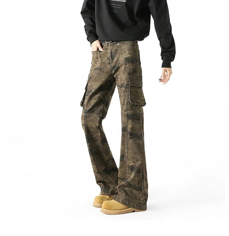 Men’s Camouflage Flared Cargo Jeans – American Vintage Workwear Street Denim   FE0302