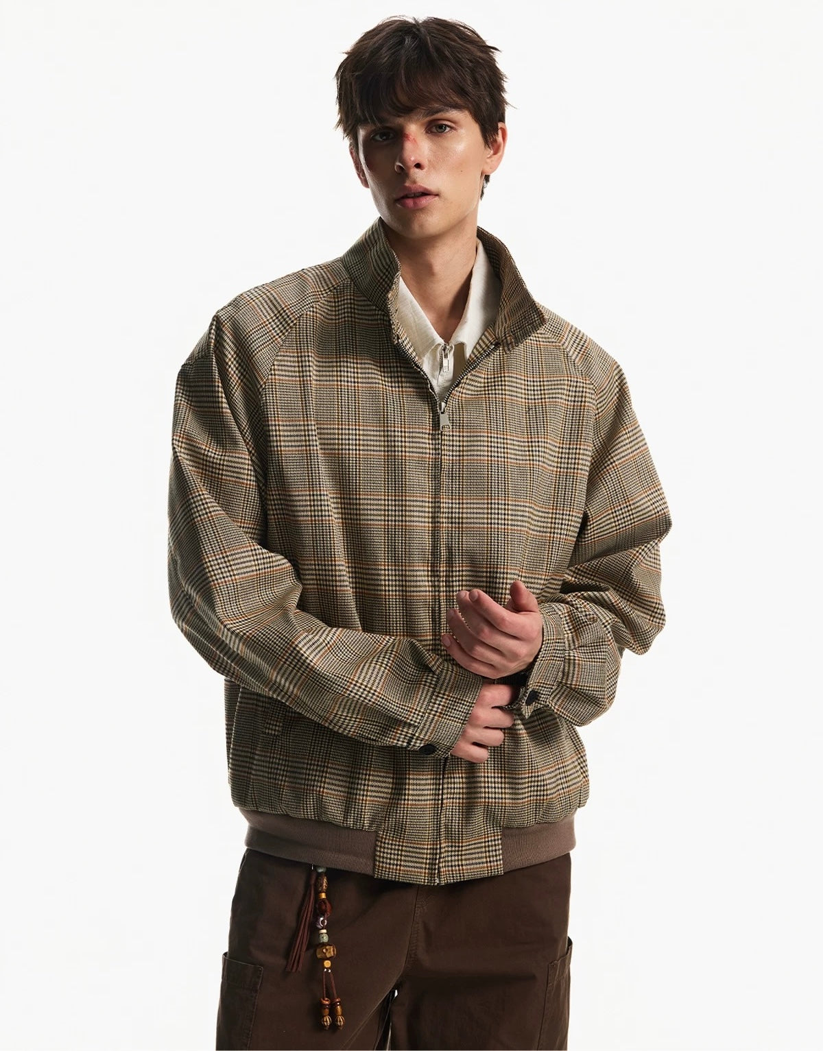 Men’s Houndstooth Harrington Jacket – American Retro Preppy Street Outerwear  FE0030