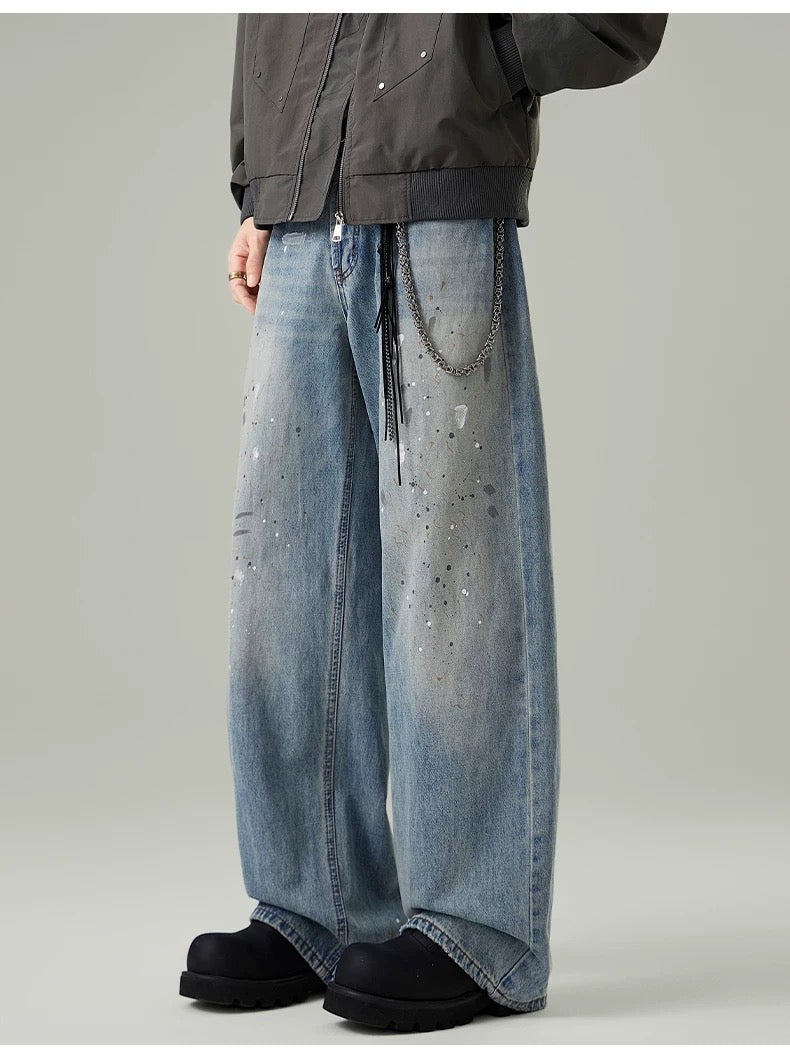 Men’s Paint-Splatter Washed Jeans – Vintage American Street Art Denim Pants  FE0056