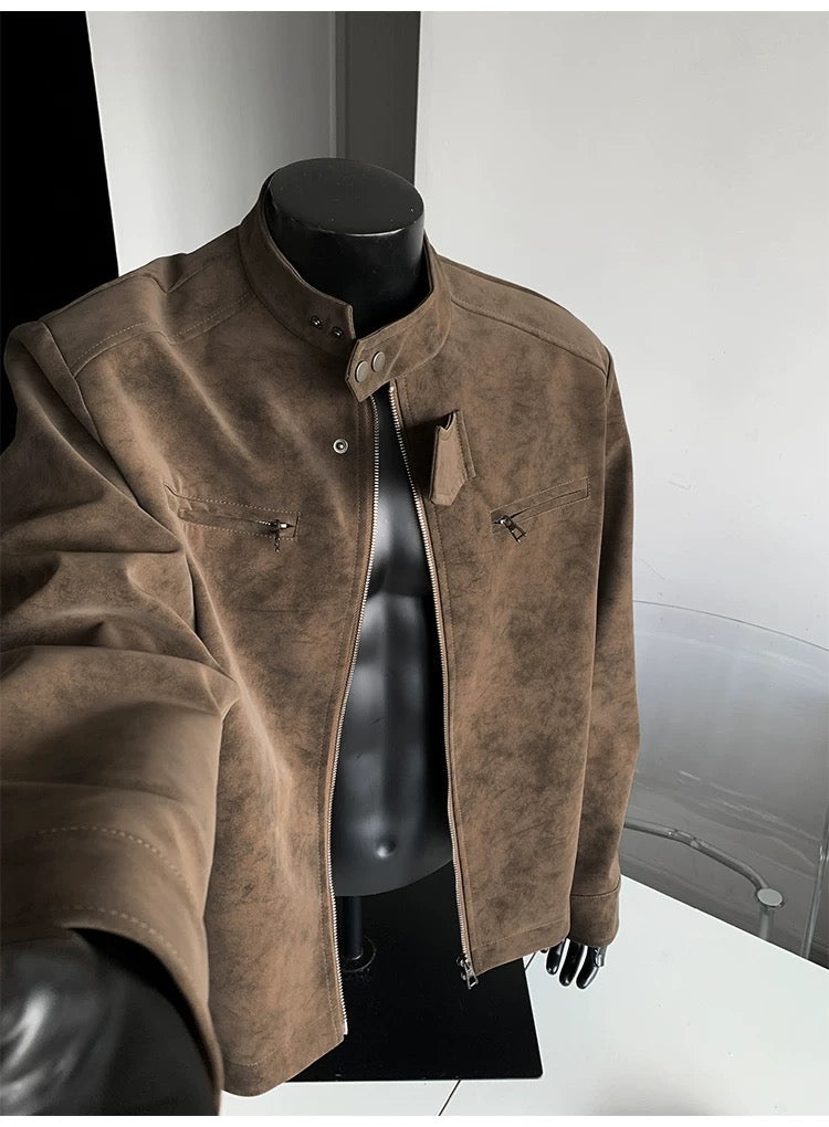 Men’s Vintage Tie-Dye PU Leather Jacket – Stand Collar Streetwear Outerwear   FE0016