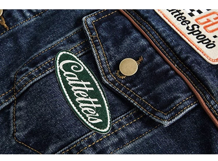 Men’s Vintage Patch Denim Jacket – American Retro Streetwear Outerwear  FE0288