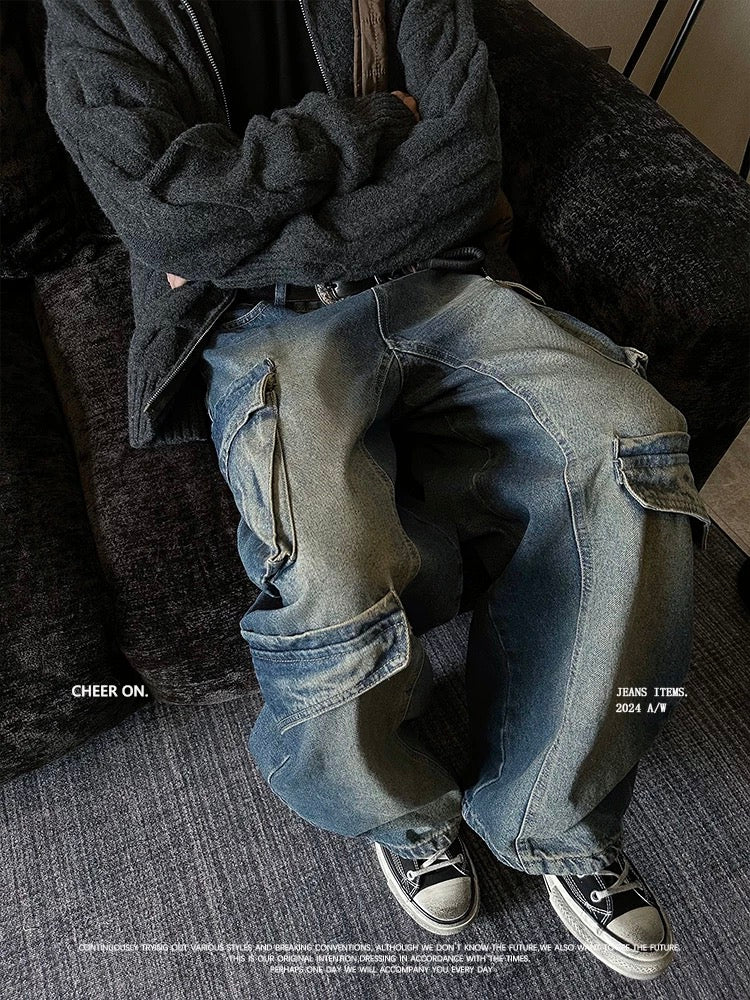Washed High-Street Cargo Jeans - Heavy-Duty Patchwork Straight-Leg Unisex Pants FE0002