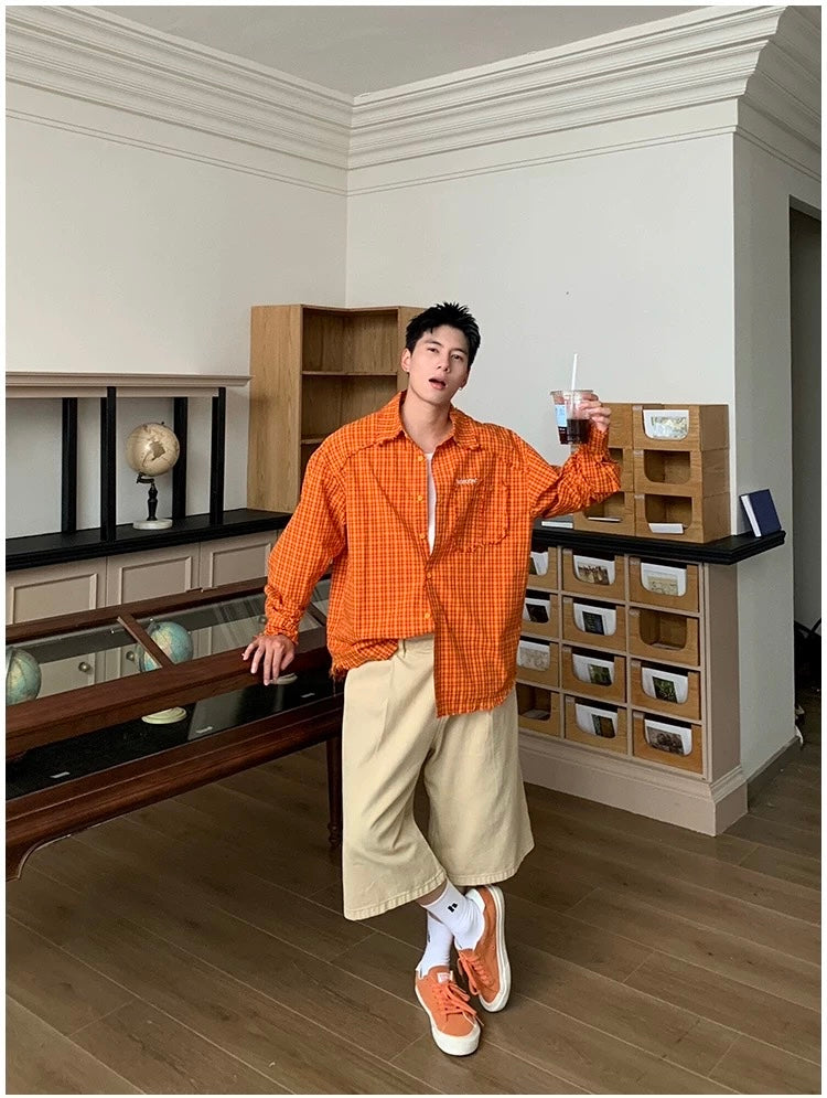American Streetwear Orange Plaid Shirt   FE0352