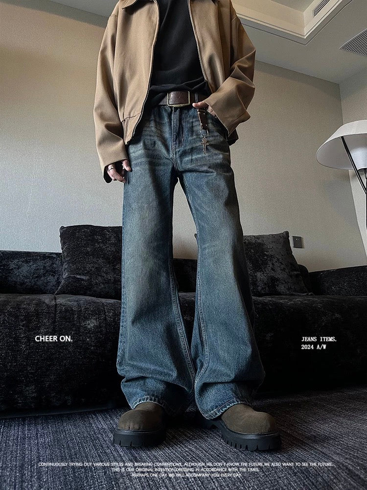Vintage Distressed Bootcut Jeans - Slim-Fit Flattering Retro Denim with Ombre Wash FE0010