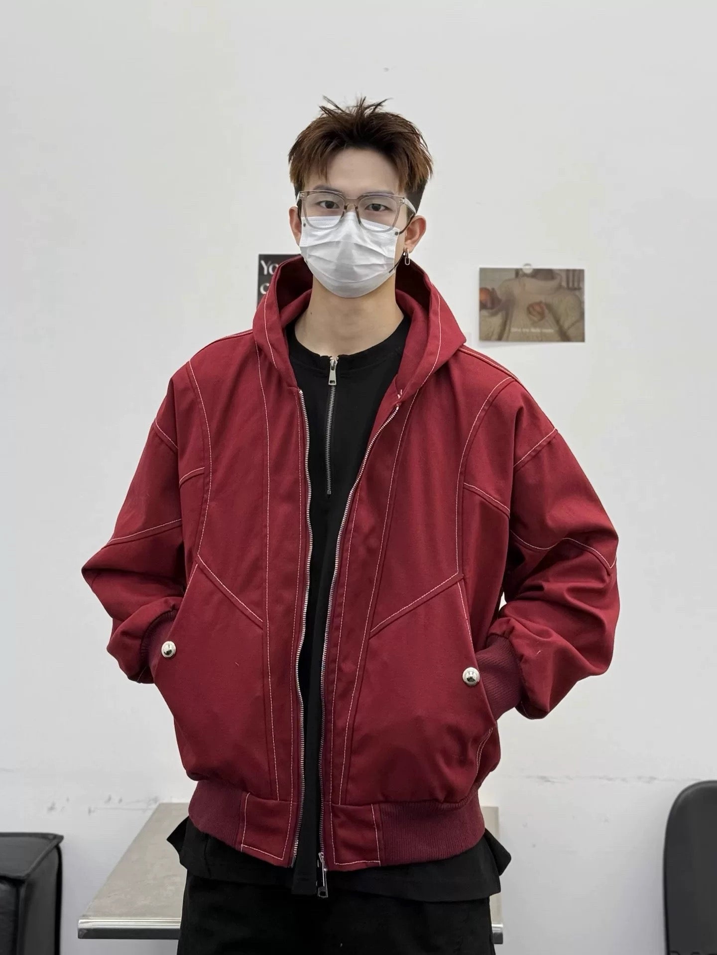 Men’s Red Contrast Stitch Hooded Jacket – Streetwear Short Outerwear Coat   FE0318