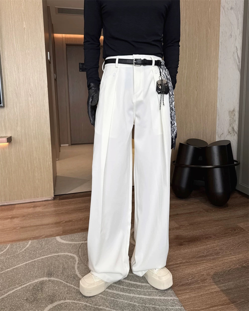Men’s Vintage Curved-Pocket Trousers – Loose Fit Retro Wide-Leg Pants   FE0286