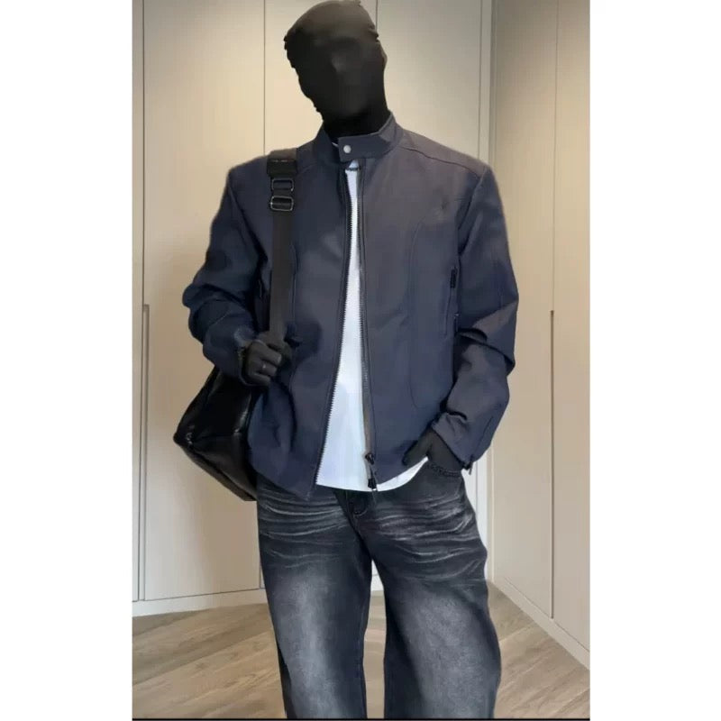 Men’s Deconstructed Patchwork Stand Collar Jacket – American Retro Street Outerwear FE0036