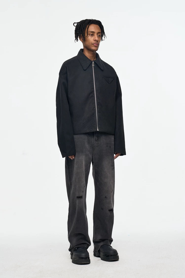 Men’s Retro Boxy Zip-Up Jacket – American Vintage Cropped Street Outerwear FE0035