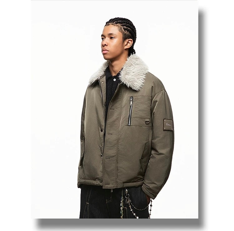 Men’s Detachable Fur Collar Padded Jacket – American Retro Winter Street Outerwear FE0040
