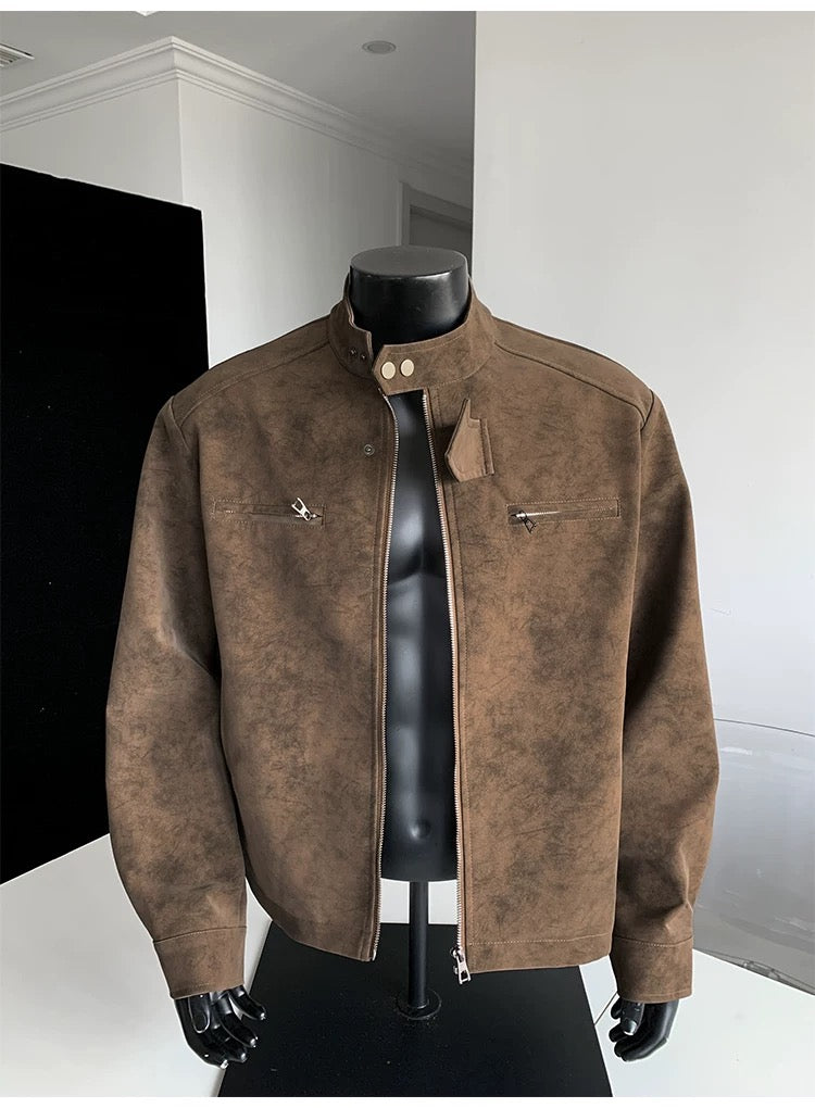 Men’s Vintage Tie-Dye PU Leather Jacket – Stand Collar Streetwear Outerwear   FE0016
