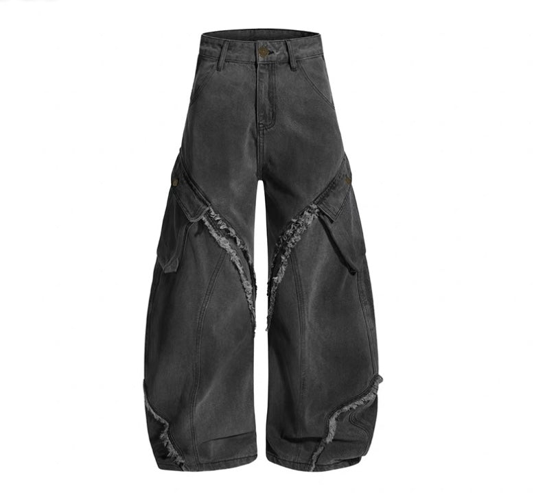 Men’s Vintage Deconstructed Denim Jeans – American Raw-Edge Curved Cut Wide-Leg Pants   FE0021