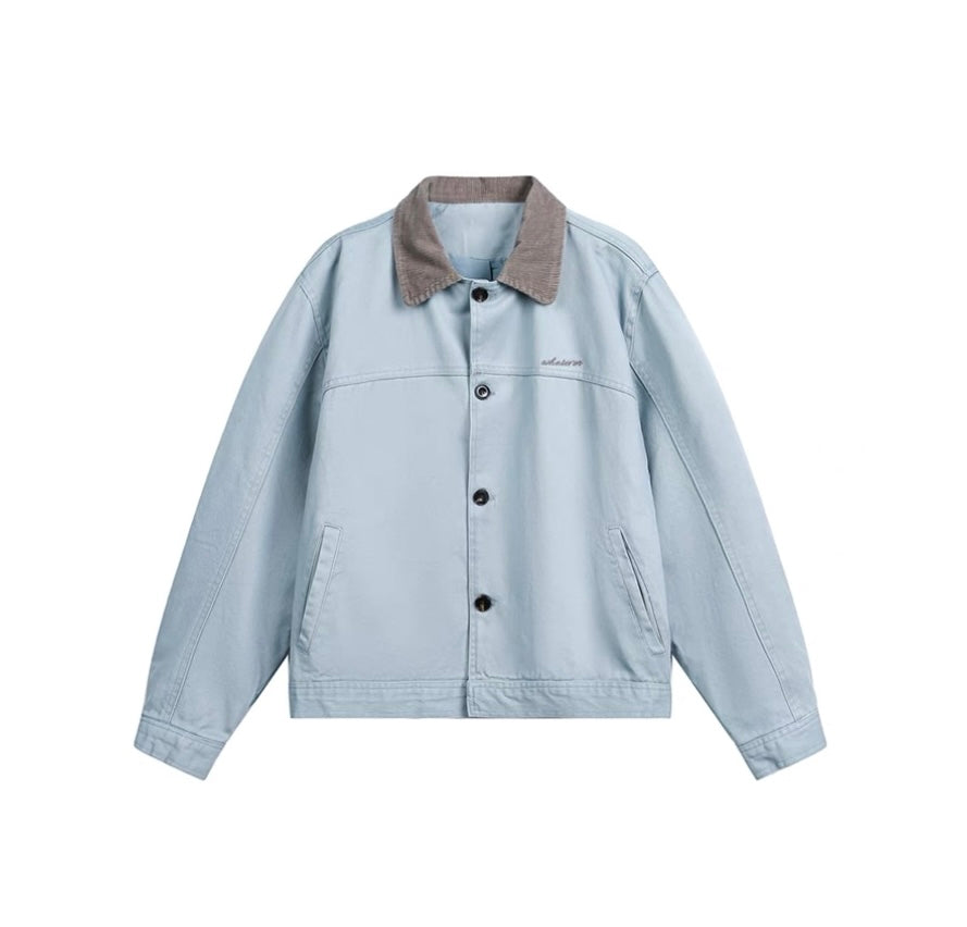 Men’s Color-Block Workwear Jacket – American Retro Contrast Collar Utility Outerwear  FE0005