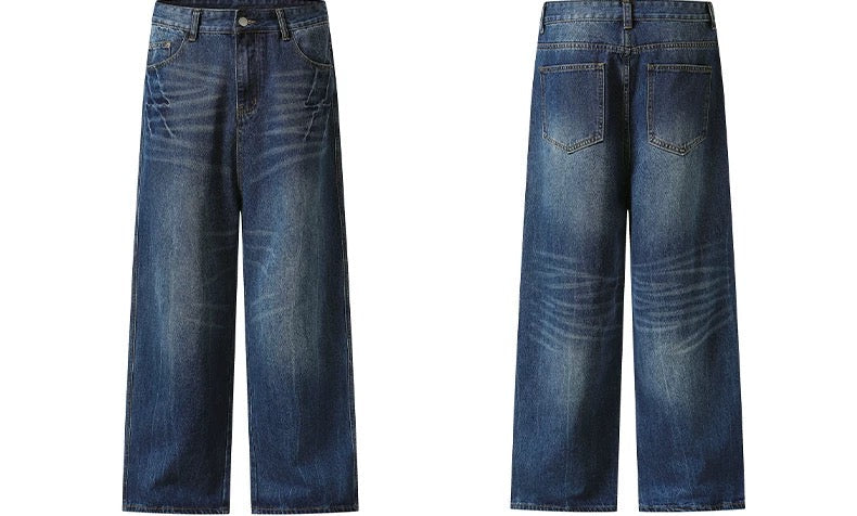 Men’s Vintage Washed Wide-Leg Jeans – American Retro Streetwear Denim   FE0037