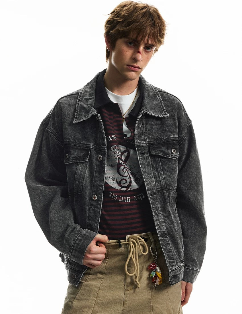 Men’s Vintage Washed Denim Jacket – American Retro Distressed Streetwear Outerwear FE0046