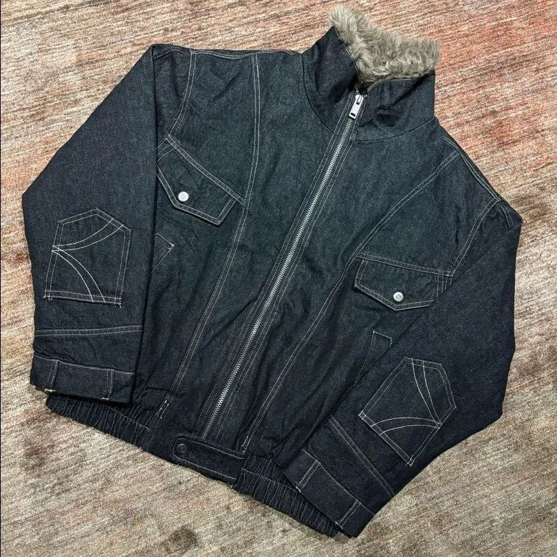 Men’s Fleece-Lined Denim Jacket – American Vintage Winter Street Outerwear   FE0044
