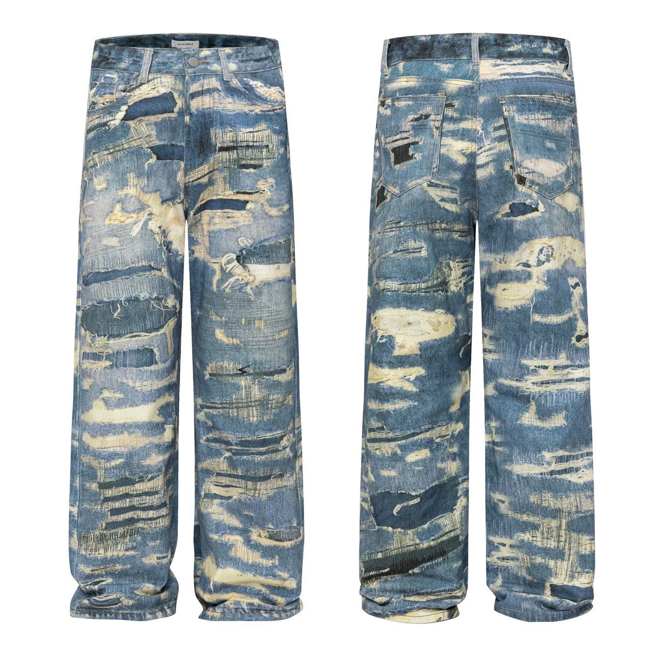Men’s Distressed Printed Jeans – Vintage Washed Ripped Denim Pants FE0029