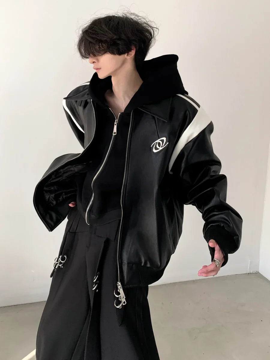 [AUTUMNWIND] BLACK COTTON THICKENED LEATHER JACKET FE0451