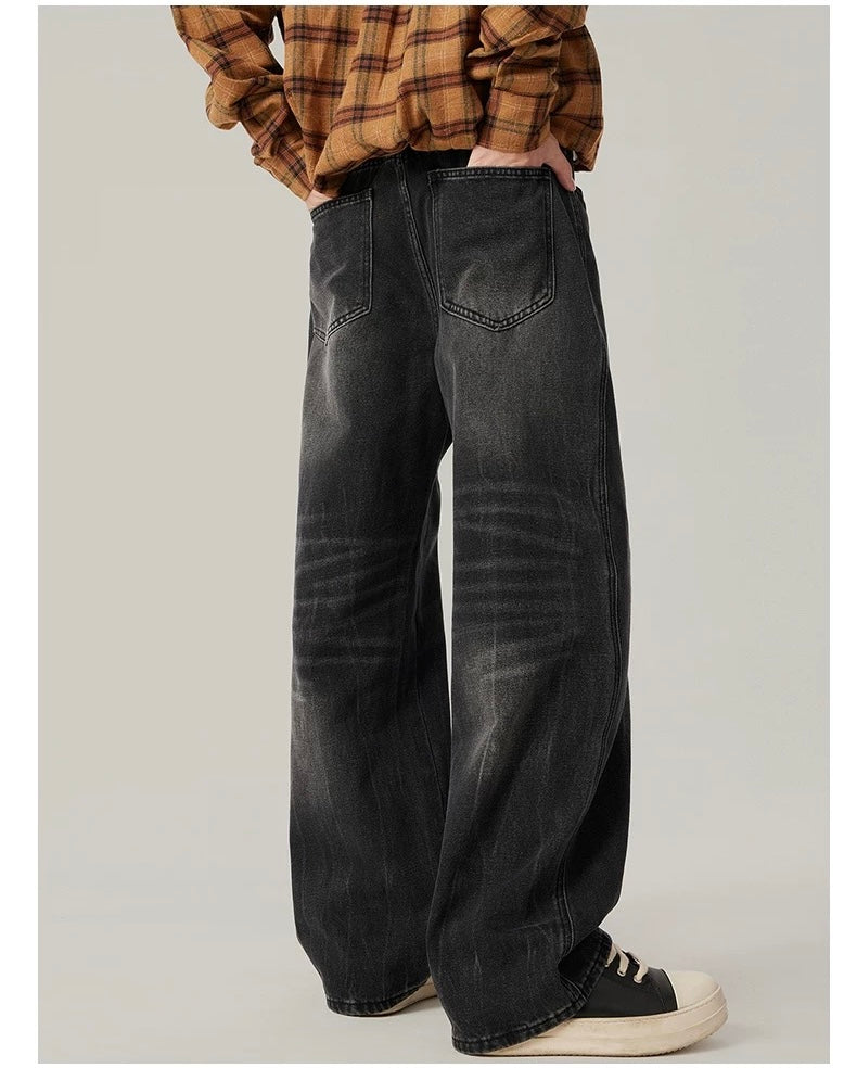 Men’s Vintage Washed Wide-Leg Jeans – American Retro Streetwear Denim   FE0037