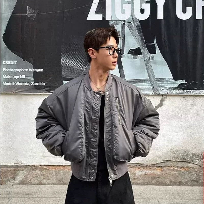 Men’s Cropped Bomber Puffer Jacket – American High Street Short Cotton Outerwear   FE0025