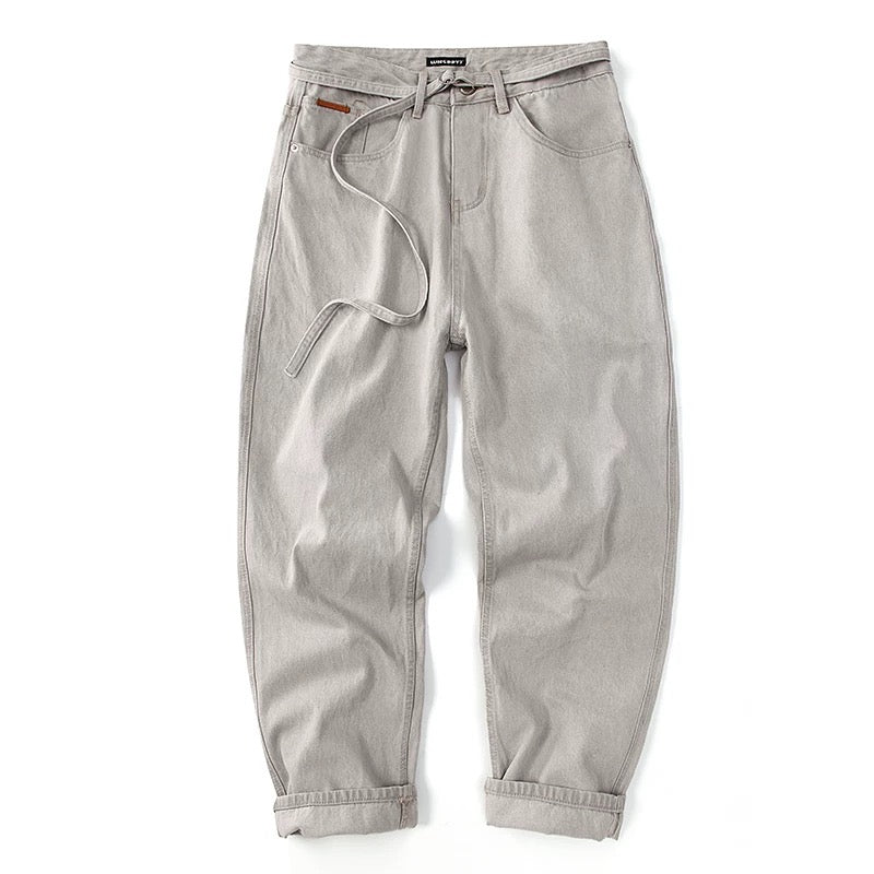 Japanese Streetwear Drawstring Ties Contrast Stitching Denim Pants Men's Loose Straight Leg Washed Versatile Baggy Haramaki Joggers FE0009