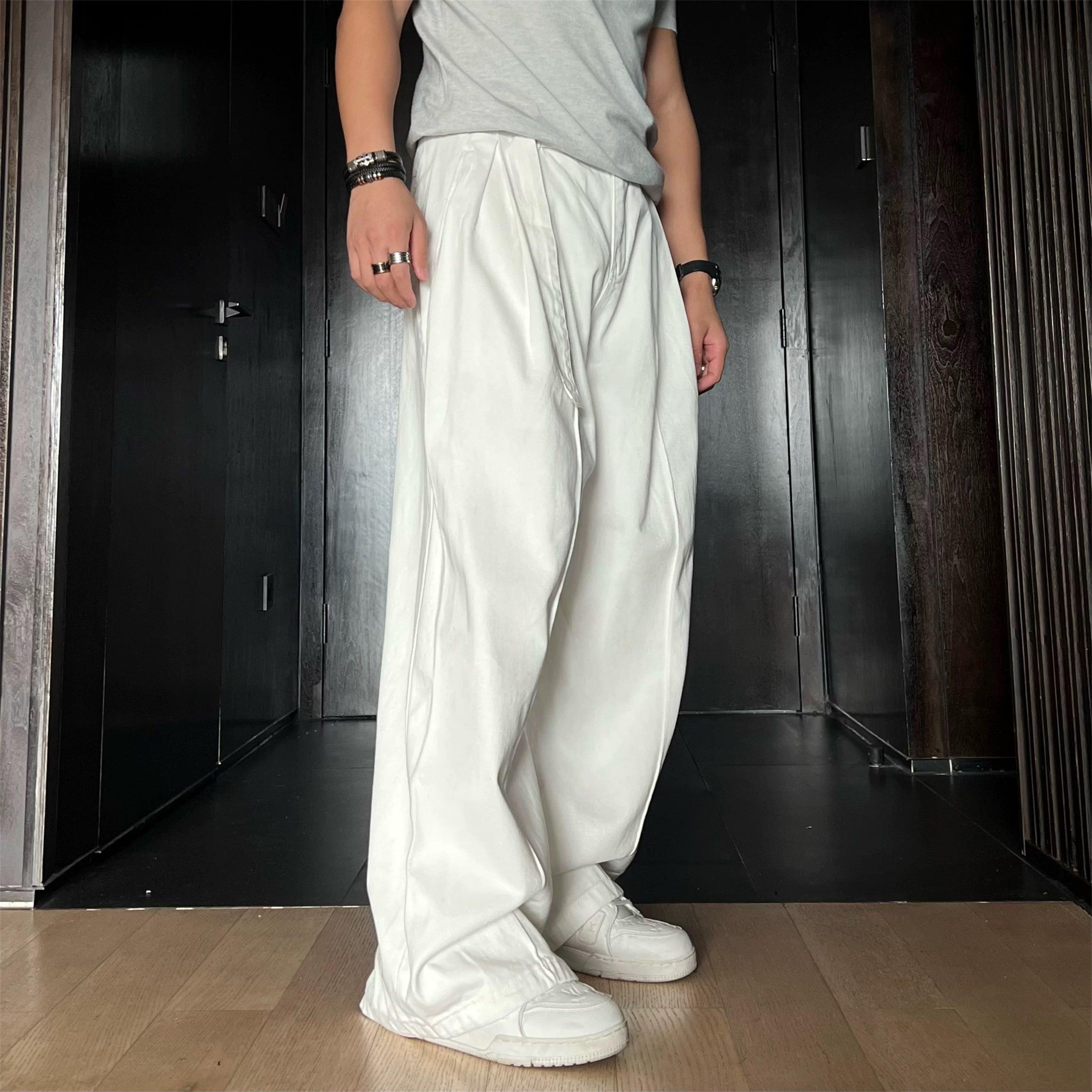 Vintage Curved-Cut Wide-Leg Jeans for Men | American Retro Casual Denim Pants  FE0011