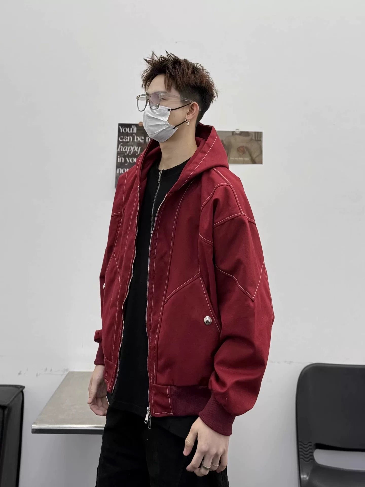Men’s Red Contrast Stitch Hooded Jacket – Streetwear Short Outerwear Coat   FE0318