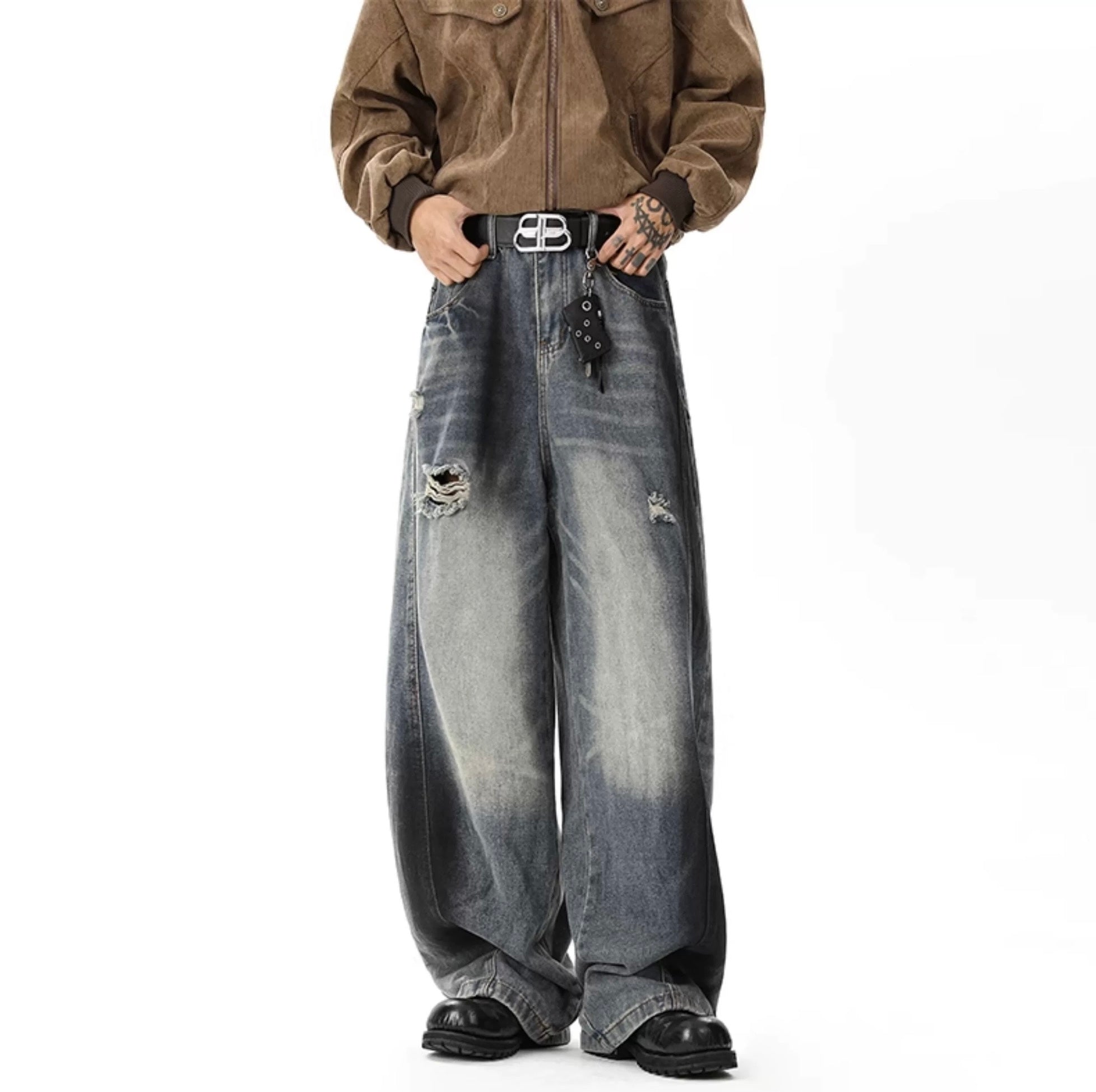 Men’s American Ripped Curved-Cut Jeans – Vintage Streetwear Wide-Leg Denim Pants  FE0289