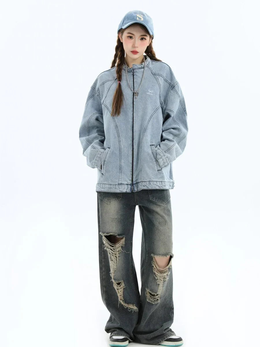 [INSstudios] WASHED DENIM JACKET ZIPPER FE0480
