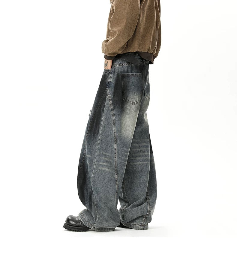 Men’s American Ripped Curved-Cut Jeans – Vintage Streetwear Wide-Leg Denim Pants  FE0289