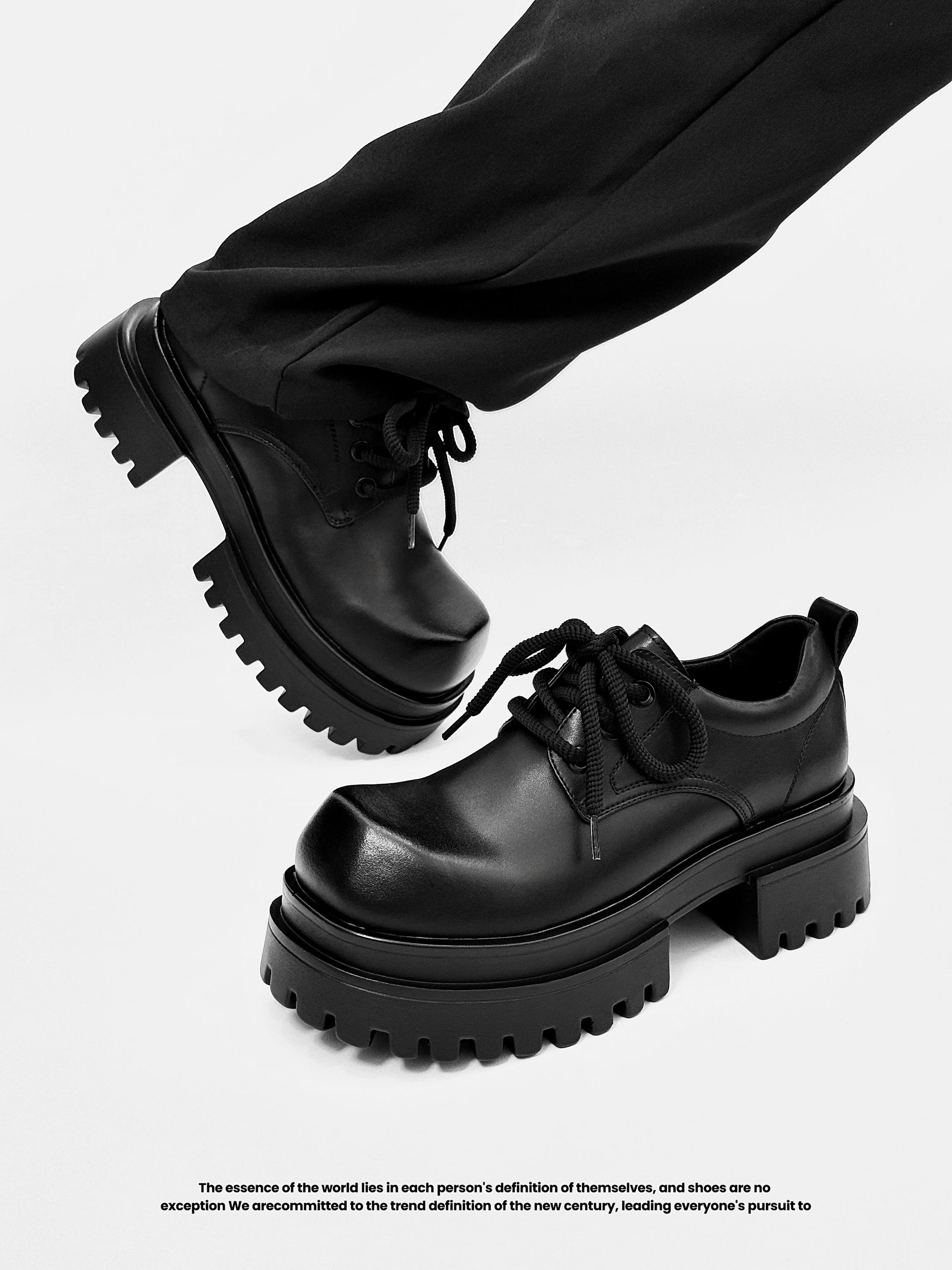 Parisian Chunky Derby Shoes - 6cm Platform Leather Oxfords for Men (CleanFit Wedding Groom Shoes with Premium Black Design) S0005