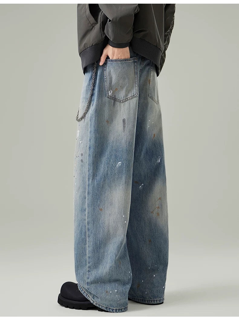 Men’s Paint-Splatter Washed Jeans – Vintage American Street Art Denim Pants  FE0056