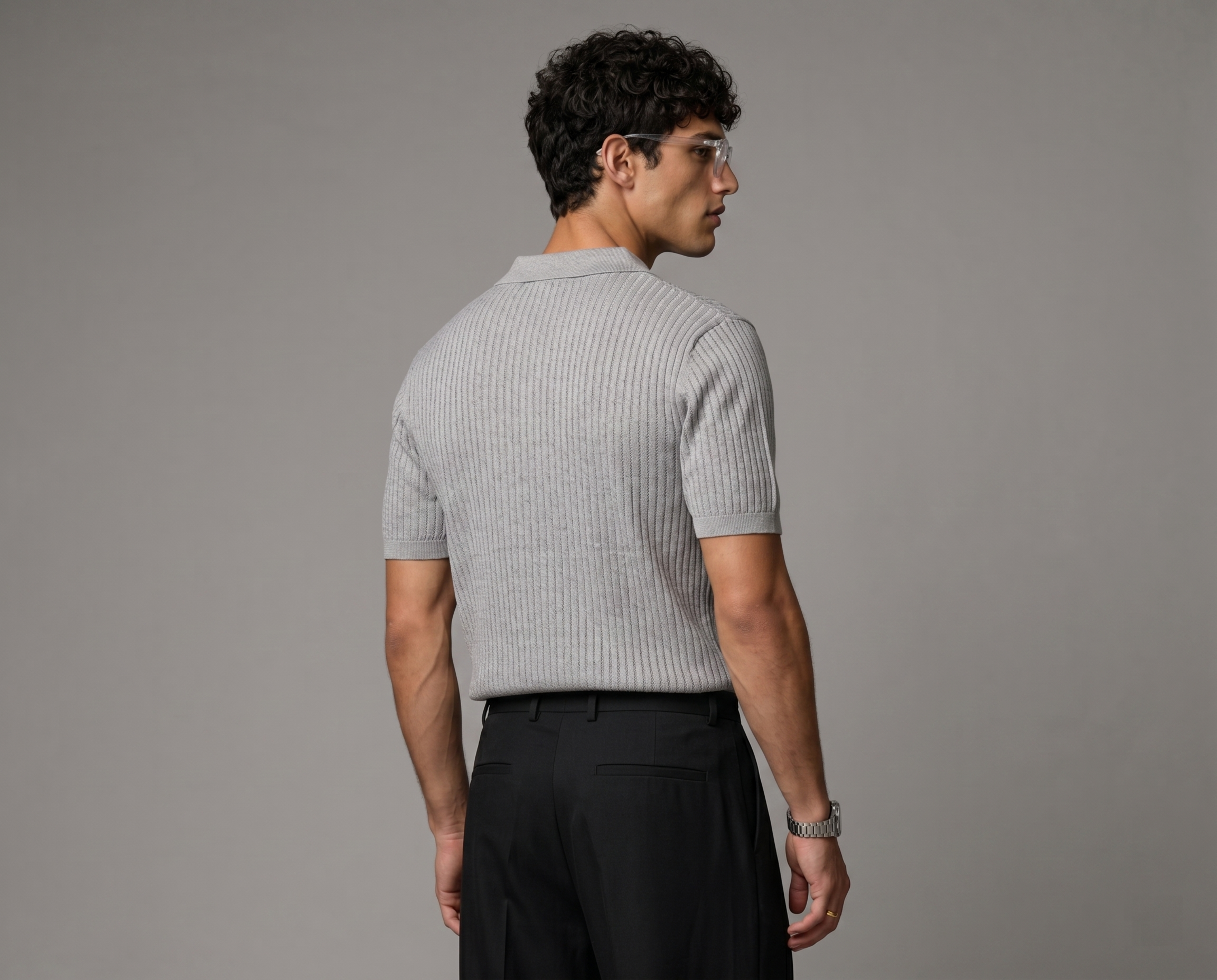 Brown Knit Polo Shirt - Retro Streetwear V-Neck Ribbed Top FE0714