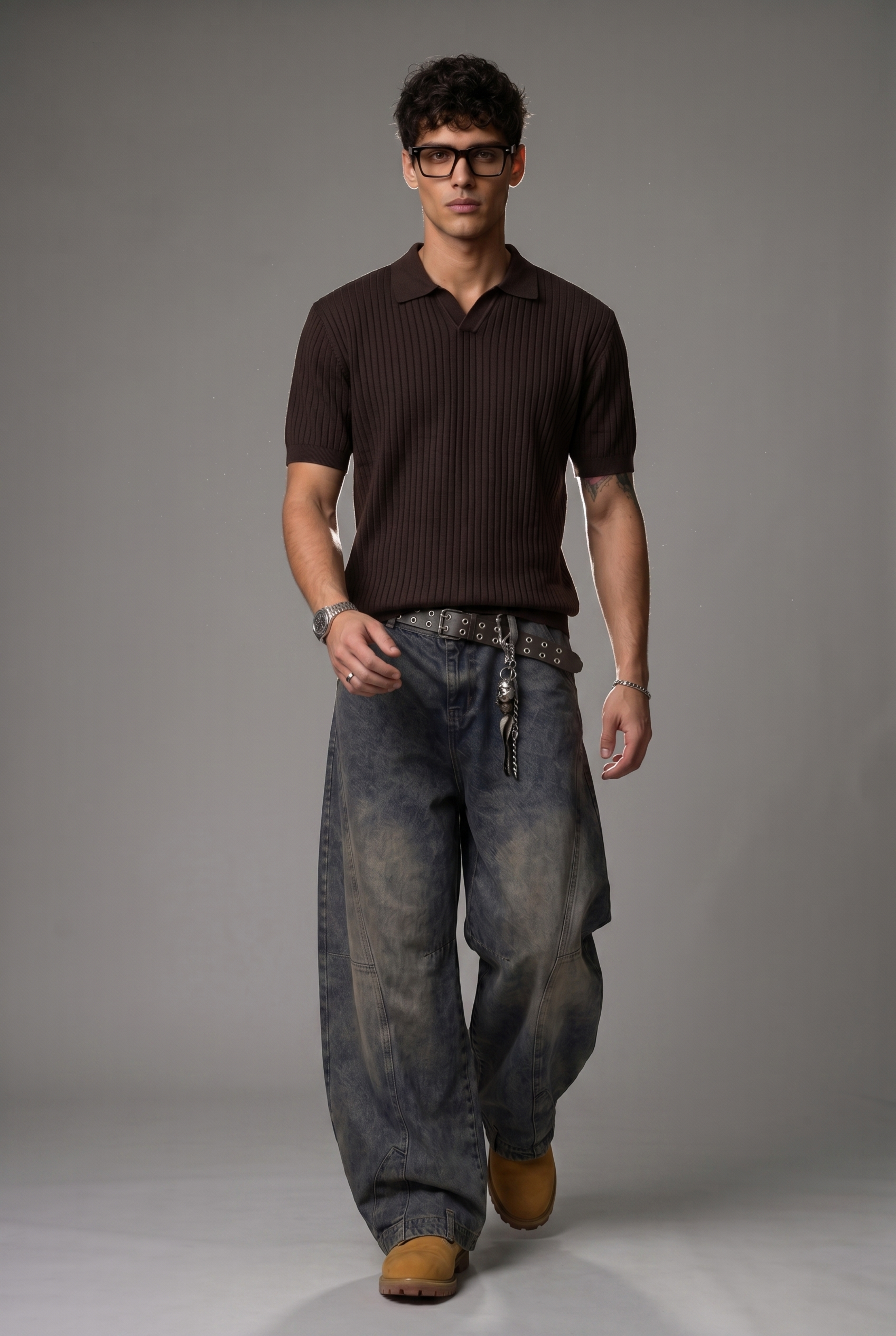 Brown Knit Polo Shirt - Retro Streetwear V-Neck Ribbed Top FE0714