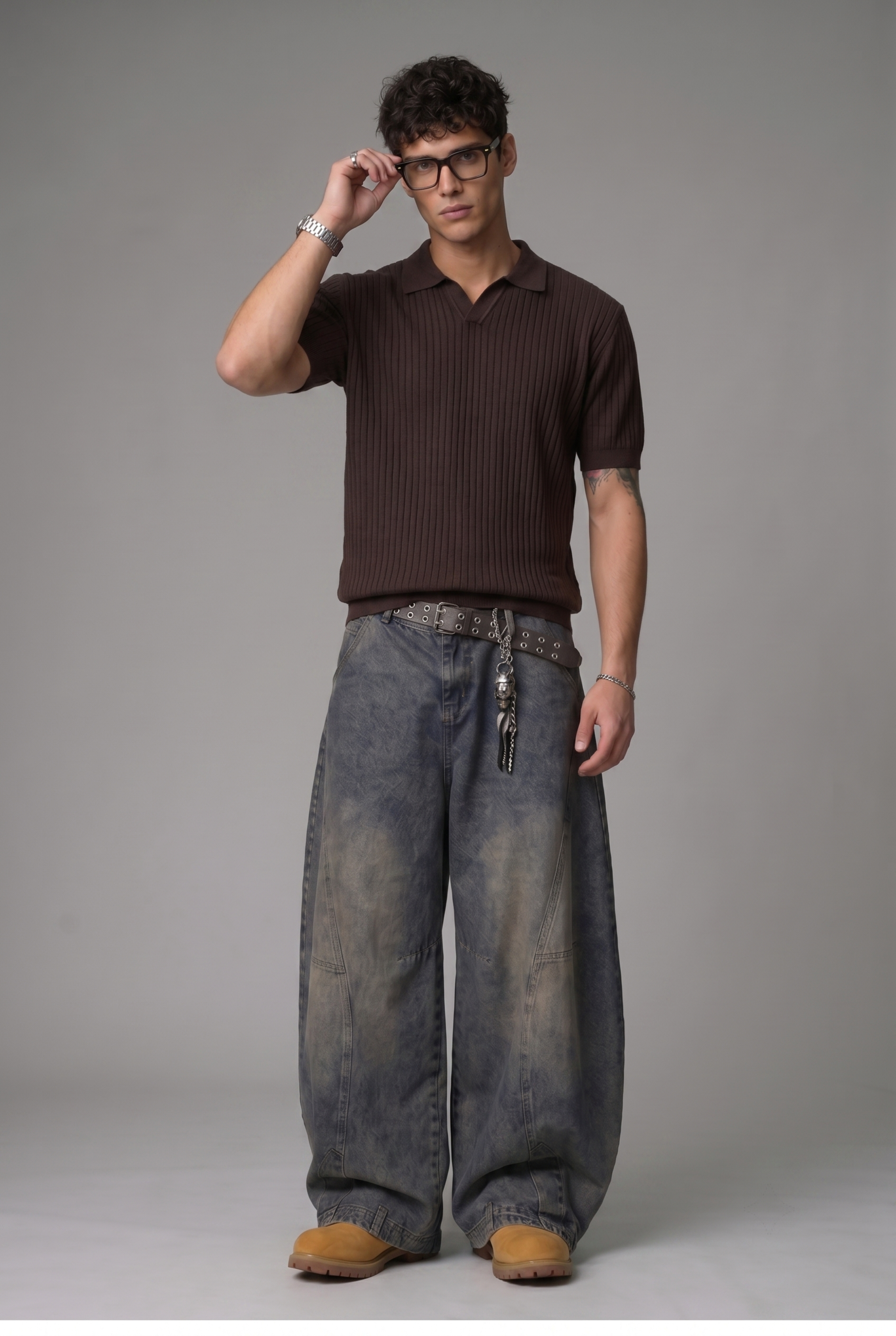 Brown Knit Polo Shirt - Retro Streetwear V-Neck Ribbed Top FE0714