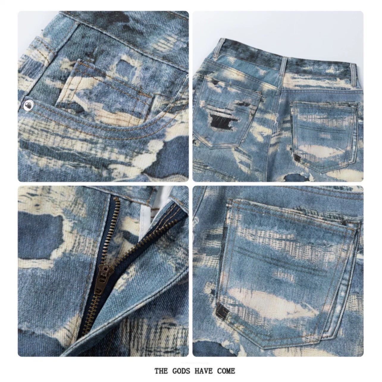 Men’s Distressed Printed Jeans – Vintage Washed Ripped Denim Pants FE0029