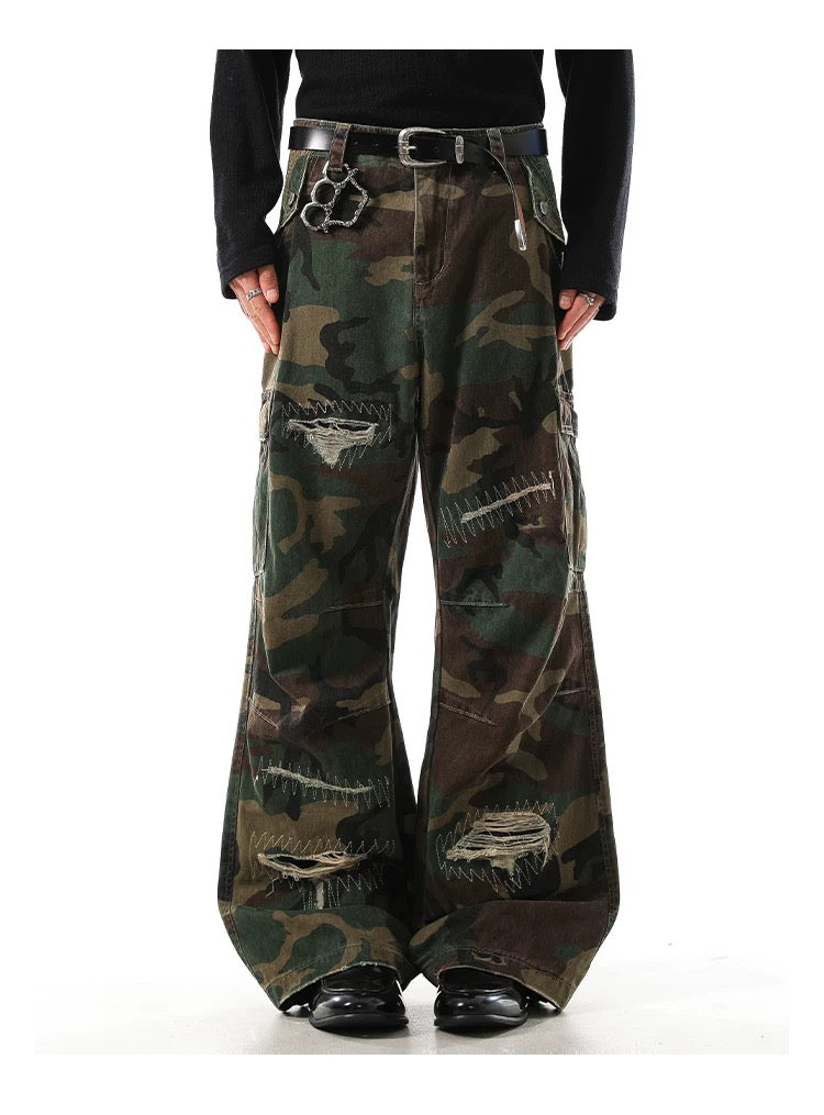 American Distressed Patchwork Camo Cargo Pants FE0350