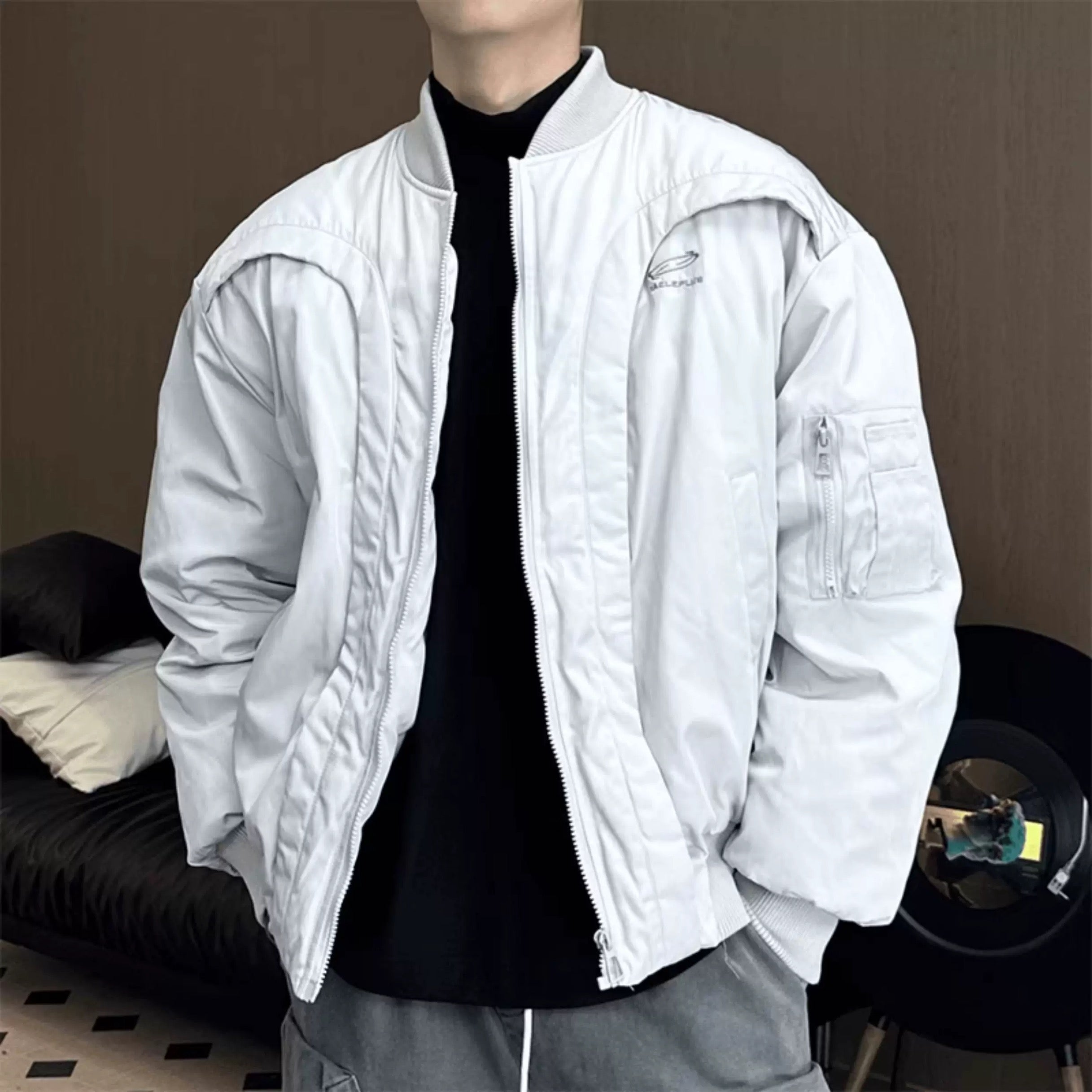 Men’s Deconstructed Bomber Jacket – American Retro High-Street Flight Outerwear FE0041