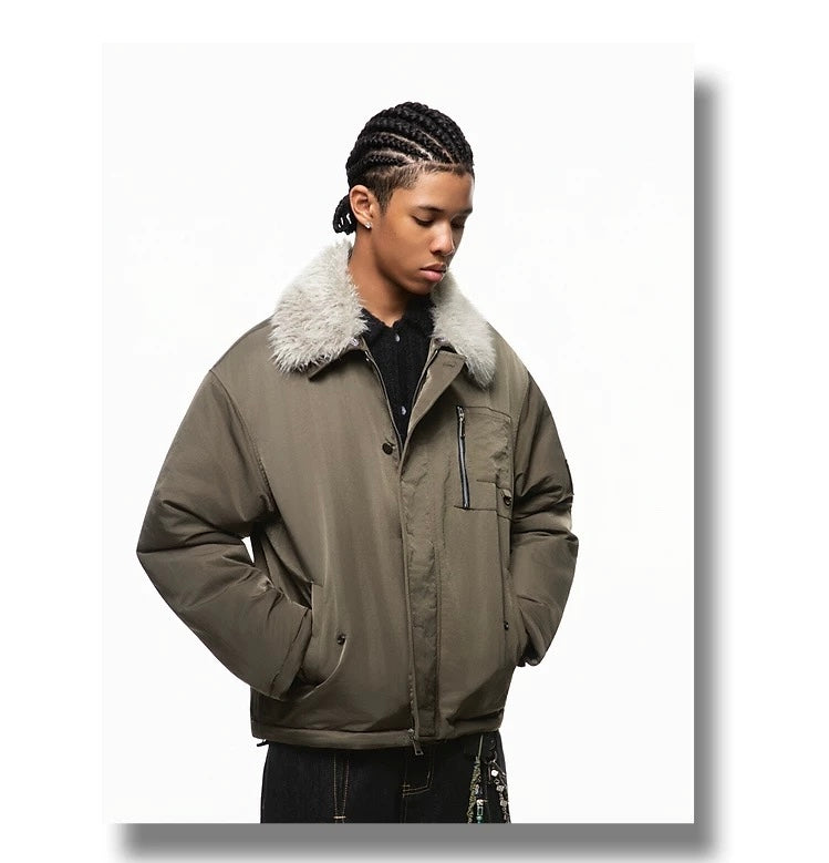 Men’s Detachable Fur Collar Padded Jacket – American Retro Winter Street Outerwear FE0040