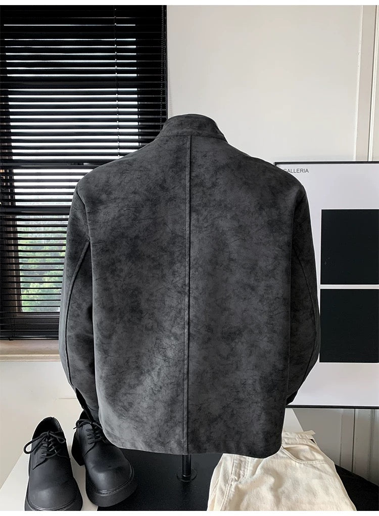 Men’s Vintage Tie-Dye PU Leather Jacket – Stand Collar Streetwear Outerwear   FE0016