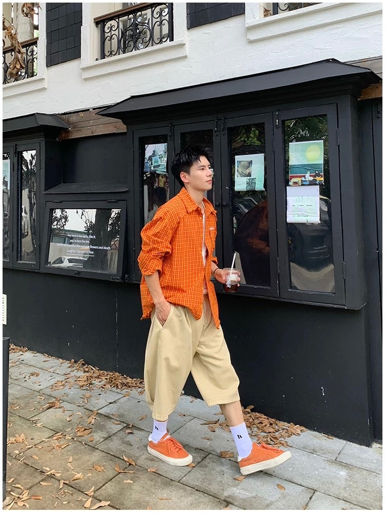 American Streetwear Orange Plaid Shirt   FE0352